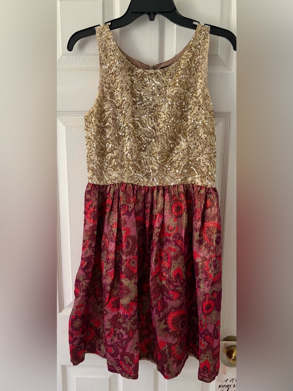 Anthropologie Gold Sequin Bodice with Red Floral Jacquard Skirt